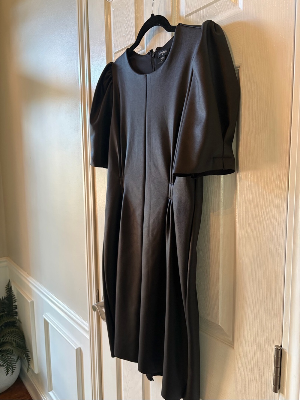 Express Black Faux Leather Puff Sleeve Cinched Waist Dress - Size M